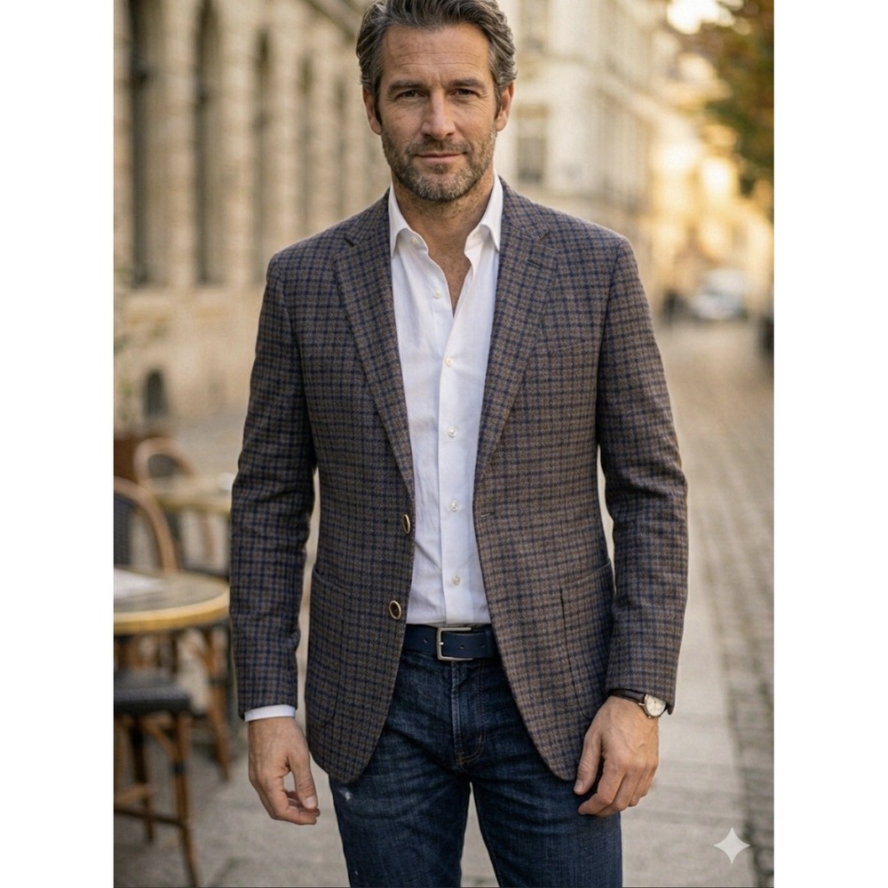 PETER MILLAR Wool Blazer Jacket Mens Large L Gray Blue Check Elbow Patch Soft